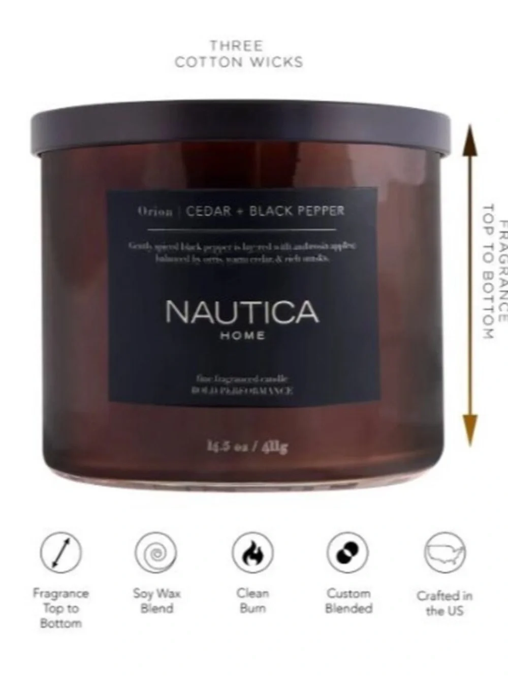 Nautica 3-wick candle Cedar + Black Pepper masculine notes new